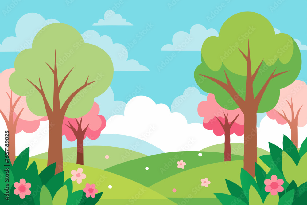 Colorful cartoon summer landscape with trees, flowers, and a sunny sky over a green meadow Colorful cartoon summer landscape with trees, flowers, and a sunny sky over a green meadow