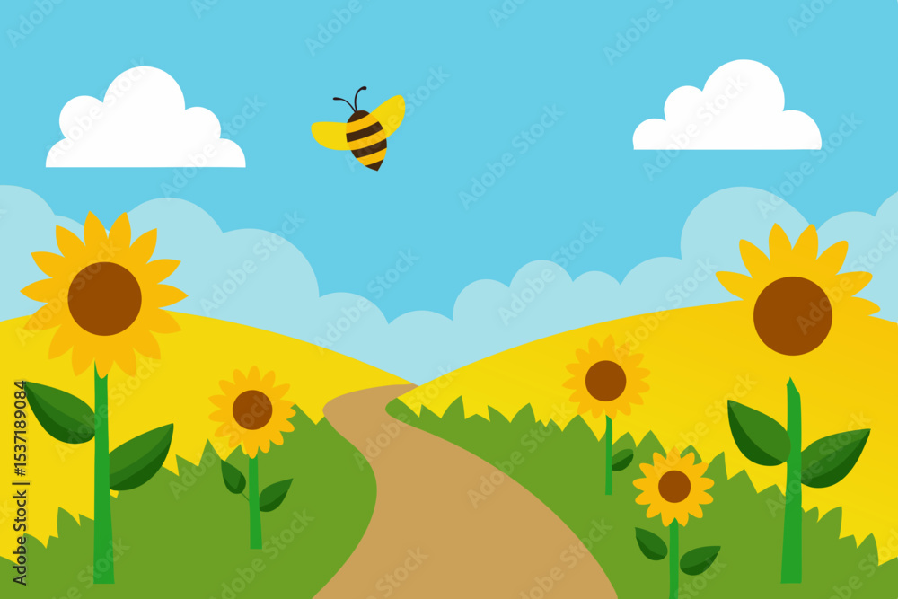 Fototapeta premium Sunflower field under a summer blue sky with clouds and green grass