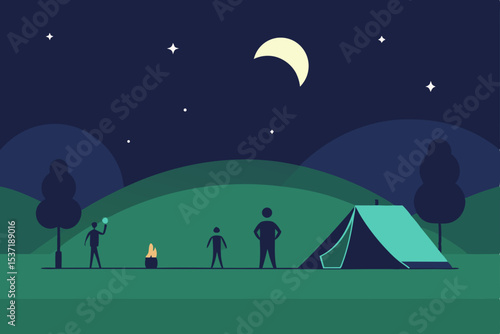 Moonlit mountain and forest landscape with a silhouetted family, couple, and child gazing at the starry night sky