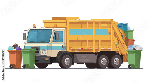 A vector illustration depicting a yellow garbage truck collecting trash from multiple colored bins. The truck is detailed, showing its cab and the rear loading mechanism.  The bins are overflowing