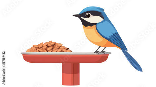 A digital illustration of a blue tit perched on a red bird feeder containing brown seeds. The bird is depicted in a cartoon-like style with bright blue, yellow, and white feathers.