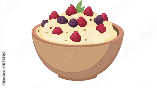 A digital illustration depicting a close-up view of a wooden bowl filled with creamy oatmeal topped with fresh raspberries and blueberries.  A small sprig of mint is visible on top. 