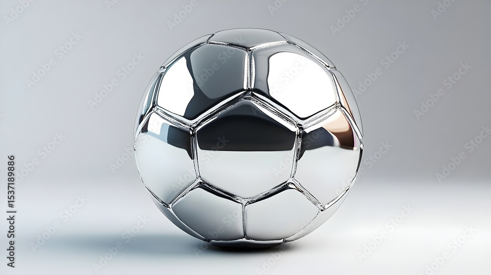 Naklejka premium 3D shiny chrome soccer ball, front view, metallic silver. Futuristic sports design symbolizing innovation, technology, and modern aesthetics—ideal for luxury branding and athletic visuals.