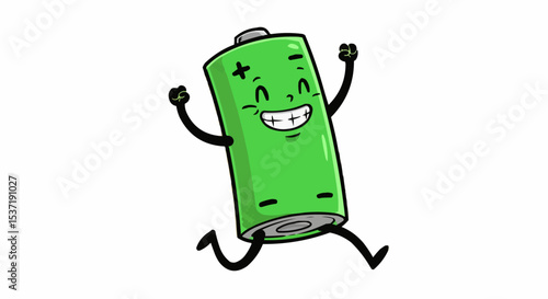 A happy cartoon battery character in an energetic mood running on a white background [with spaces for text]
