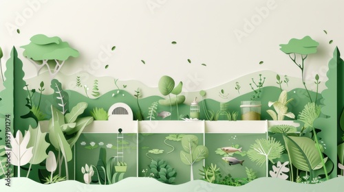 A conceptual illustration of a green urban farm with aquaponics systems and community composting, symbolizing sustainable food production and urban agriculture, minimalist style