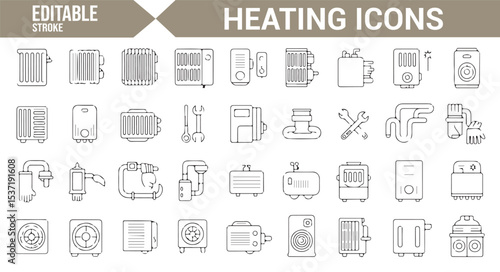 Editable Icons Representing Heating Systems, Boilers, and Radiators