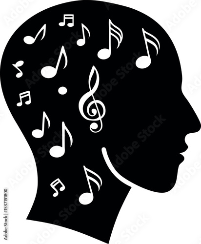 human head with music marks  silhouette vector on a transparent background