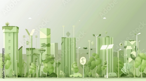 A conceptual illustration of a green urban oasis with vertical gardens and solar-powered streetlights, symbolizing urban renewal and sustainable city spaces, minimalist style