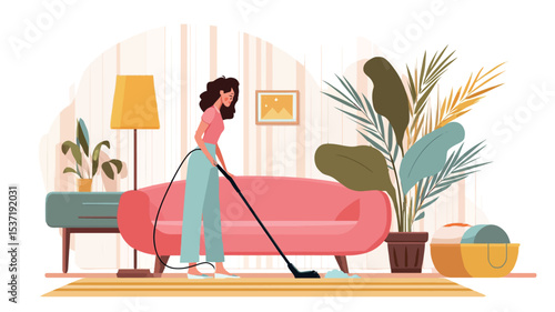A vector illustration depicting a young woman with long brown hair, wearing pastel-colored pants, vacuuming a rug in a living room. The room features a pink sofa, various houseplants in pots