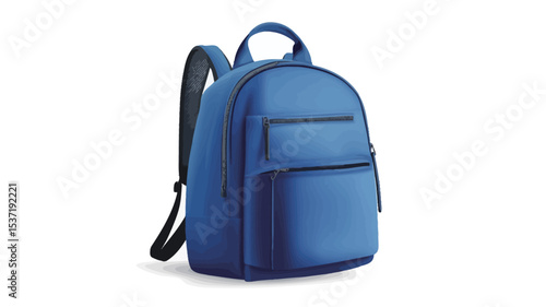 A digital rendering of a small, blue backpack against a white background. The backpack is shown in a three-quarter view, highlighting its rounded shape, top handle, two zippered compartments
