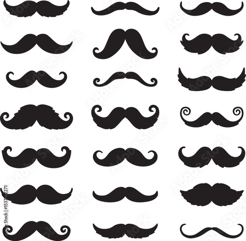 Different moustache silhouettes set. Black hipster, gentleman or barbershop symbols and retro elements. Collection of men's moustaches. Vector illustration on white background