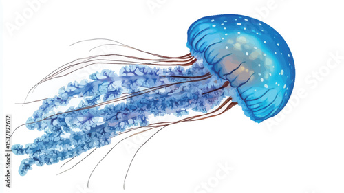 Close-up studio shot of a blue jellyfish against a pure white background. The jellyfish exhibits a vibrant blue coloration with subtle variations in shade across its bell and tentacles.