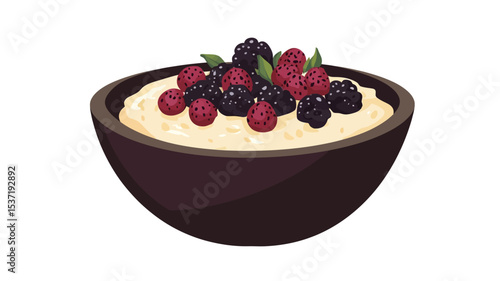 A high-angle, close-up studio shot depicts a dark-colored bowl filled with creamy oatmeal topped with a mix of fresh raspberries and blackberries. The bowl is positioned against a pure white