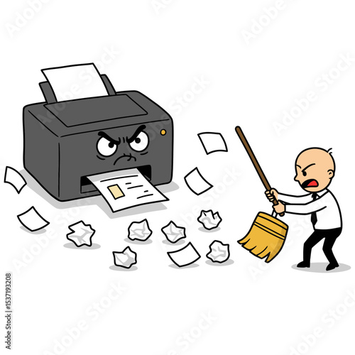Cartoon Bald man wielding a broom to attack an angry printer surrounded by discarded paper