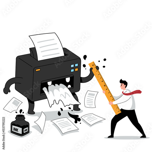 Cartoon Man confronts printer monster with a ruler amid ink and scattered pages