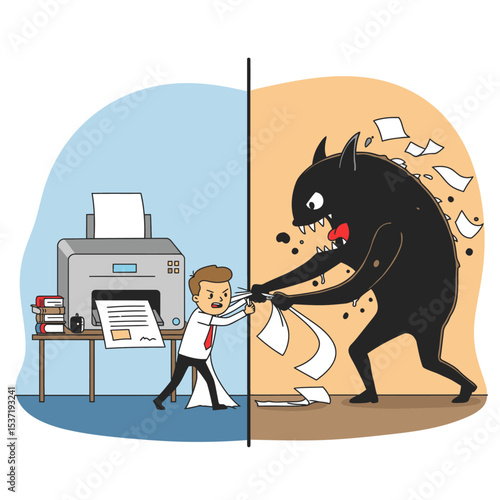 Cartoon Man in office battling a black papershredding monster