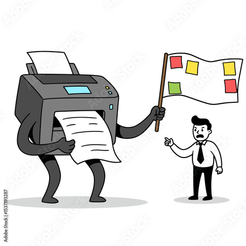 Cartoon printer with a flag confronts an angry business man