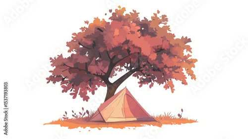 Digital illustration depicting a small, tan-colored camping tent situated beneath a large deciduous tree. The tree's leaves are predominantly orange and red, indicative of autumn. 
