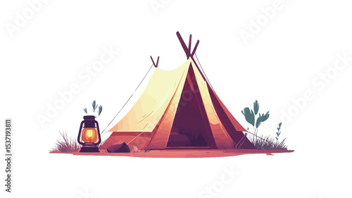 A digital illustration depicting a teepee tent rendered in a stylized, painterly manner. The color palette is warm, with sunset hues dominating the scene. The tent is centrally positioned