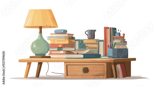 A digital illustration depicting a low wooden side table with a drawer.  The table is cluttered with stacks of books of varying sizes and colors, a table lamp with a pale yellow shade and a