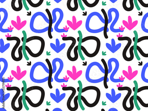 Abstract geometric pattern design of a wavy line with a colorful flower