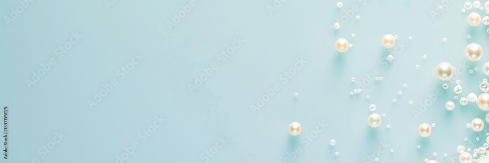 A light blue background with scattered white pearls and small beads. elegance and simplicity, horizontal banner, copy space, free space for text A light blue background with scattered white pearls and small beads. elegance and simplicity, horizontal banner, copy space, free space for text