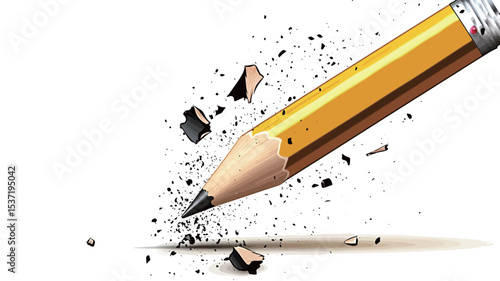 Close-up shot of a yellow pencil actively erasing, with graphite shavings and dust particles dispersed around the point of the pencil on a white background. The image is sharply focused on the