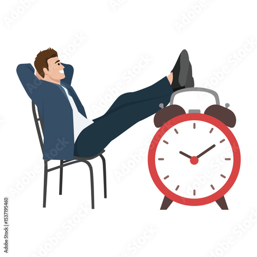 Man leans back with his feet on a giant clock, portraying a relaxed despite the constraints of time. Flat vector illustration isolated on white background