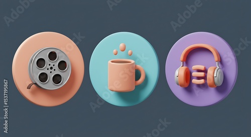 Film Reel, Coffee Cup, and Headphones Icons