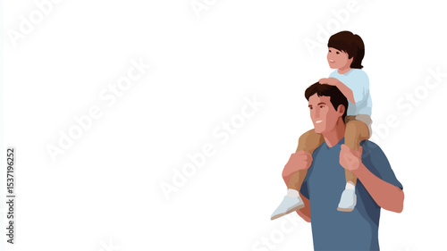 A digital illustration depicts a father giving his young son a piggyback ride. The style is cartoonish/vector illustration.  The father is shown from the chest up and has short brown hair.