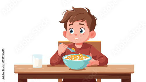 A digital illustration depicting a young boy with brown hair sitting at a wooden table, eating a bowl of cereal with a spoon.  He is wearing a reddish-brown long-sleeved shirt. A glass of milk is