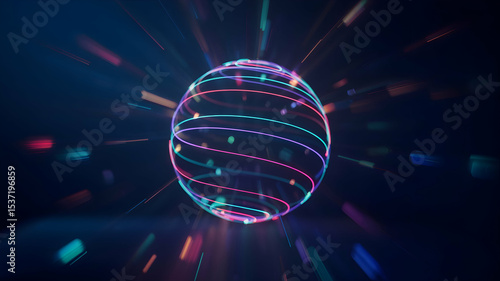 Abstract glowing sphere background with neon lights and colorful particles for futuristic design