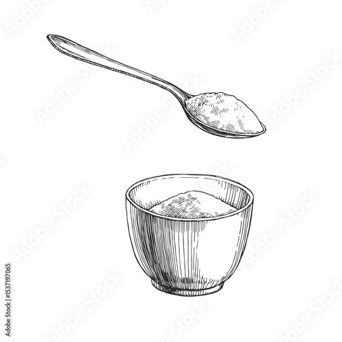 Vector vintage hand-drawn illustration of sugar in a bowl and in a spoon. Black and white sketch of ingredients for recipe design.