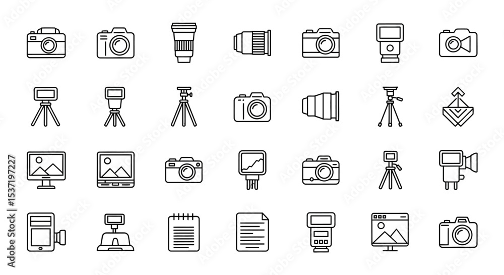 Photography Equipment Icons Camera, Lens, Tripod, Flash, and More Photography Equipment Icons Camera, Lens, Tripod, Flash, and More