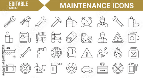 Vector Icons Representing Industrial Tools, Repairs, and Safety Equipment