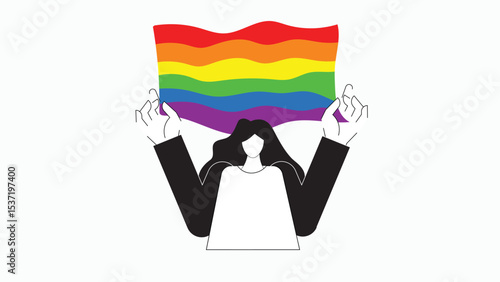 Women holding lgbtq+ pride flag for pride month concept. drawing sketch in vector. Charcter illustration in simple flat style for design online website, holiday celebration banner, ads, landing page, 