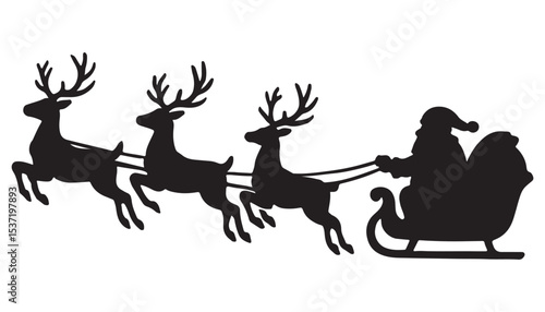Santa Sleigh and Reindeer Silhouette – Christmas Holiday Clipart

