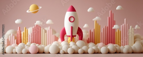 Colorful whimsical rocket launching amidst a surreal candy-like fantasy landscape