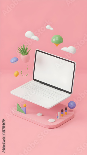 Laptop mockup blank screen template for website design presentation on pink background with floating objects