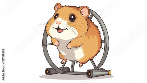 A digital illustration of a cartoon hamster, predominantly orange and white in color, with large eyes and a cheerful expression. The hamster is depicted running inside a gray exercise wheel
