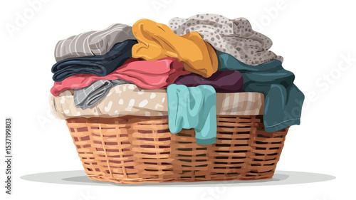 A digital illustration depicting a light brown wicker laundry basket overflowing with a variety of clothing items.  The clothes are depicted in a slightly rumpled and haphazard pile