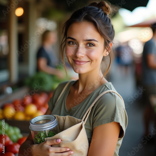 Young Woman Shopping Sustainably at Farmer’s Market with Reusable Bag and Glass Jars