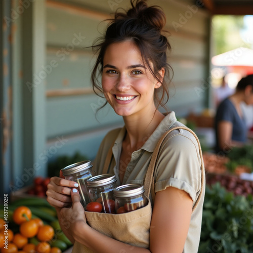 Young Woman Shopping Sustainably at Farmer’s Market with Reusable Bag and Glass Jars