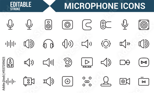 Editable Vector Icons Set Representing Microphones, Audio Equipment, and Sound Controls