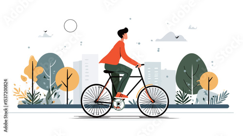 The illustration depicts a stylized man riding a bicycle along a path in a city park. The style is minimalist and flat vector design, with simplified shapes and muted colors.