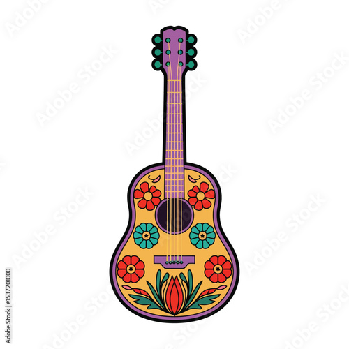A colorful, folk-inspired acoustic guitar with a vibrant and playful design.