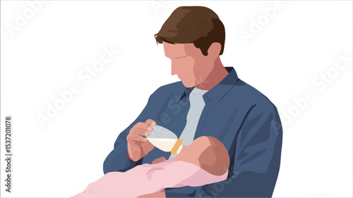 The image is a vector illustration depicting a simplified, stylized representation of a father feeding a baby from a bottle. The style is minimalistic, with muted colors and smooth lines.