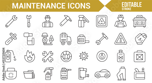 Editable Vector Icons of Maintenance Tools, Engine, and Repair Equipment
