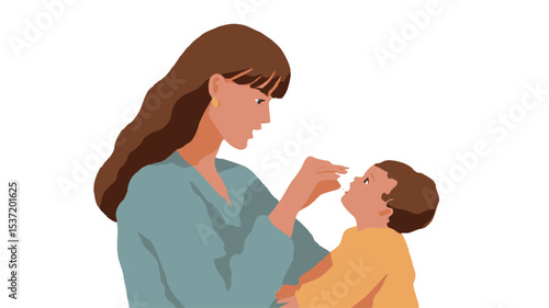 A digital illustration depicts a profile view of a young mother and her baby. The mother, with long brown hair, is gently interacting with her infant child, who is wearing a yellow garment.