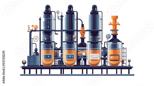 The image is a vector illustration depicting a stylized cartoon rendering of an industrial distillery apparatus.  The illustration shows three large, cylindrical glass tanks filled with an orange